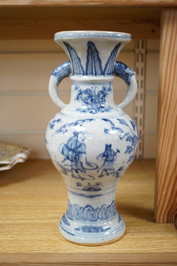 A Chinese blue and white crackle glazed two handled vase, 28cm. Condition - good